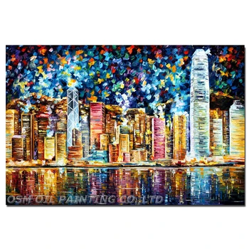 El Boyalı Kong Hong Manzara Oturma Odası Dekor için Soyut Gece Sahne Yağlıboya El Yapımı Duvar Resmi Manzara