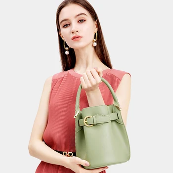 Yeşil Bölünmüş Deri Kadın Kova Çanta Moda Tasarım Toka Çanta Rahat Dize Kemer omuz çantaları Bayanlar Kompozit El Çantası