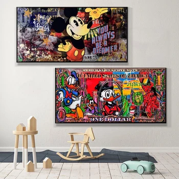 Tuval Boyama Disney Mickey Mouse Para Graffiti Sanat Posterler ve Baskılar Duvar Sanatı Resimleri ıçin çocuk Odası Ev Dekorasyon