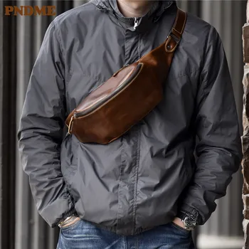 PNDME yüksek kaliteli inek derisi basit vintage göğüs çantası hakiki deri erkek omuz messenger bel çantası rahat spor bel paketleri