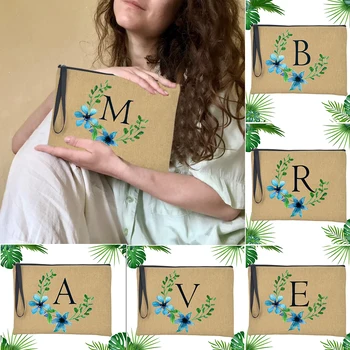 Yeşil Bitki Mektup Kadın Keten el çantası Moda Rahat Fermuar kozmetik Kutuları Çanta Ruj Depolama Bayanlar Makyaj Çantası Hediye