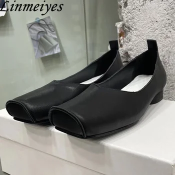 Lüks Kaliteli Loafer'lar Kadın Hakiki Deri Düz rahat ayakkabılar Kadın Kare Ayak Bahar Yaz Yürüyüş Ayakkabıları Kadın Zapatos Mujer