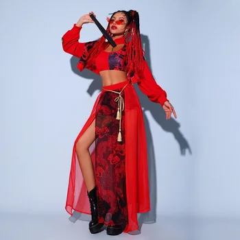 Kırmızı Festivali Kıyafetler hip hop giysileri Yetişkinler İçin Çin Tarzı Kadın Gogo Dans Performansı Giyim Sahne Kostümleri