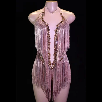 Sparkly Rhinestones Saçaklar Seksi Püskül Bodysuit Caz dans kostümü Tek parça Sahne Giyim Dansçı Performans Gösterisi