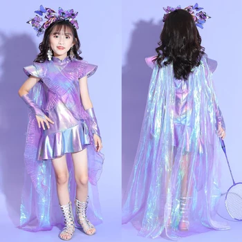 Çocuk Sahne Gösterisi Podyum Festivali Kıyafet Kızlar Mor lazer elbise Caz dans kostümü Çocuklar Sokak Dans Giyim XS6094