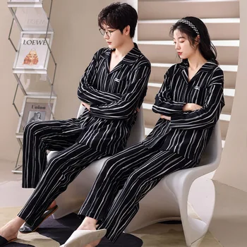 Pamuk Çift Pijama Erkek Kadın bahar uzun kollu elbise Hırka Yaka Pijama Artı Boyutu Ev Bez Kıyafeti Erkek Kadın Pjs mujer