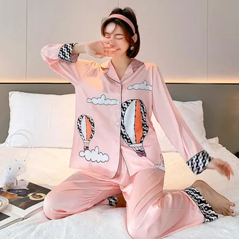 Kore Tarzı Buz İpek Pijama kadın İlkbahar ve Sonbahar Uzun Kollu İnce Hırka Sevimli Kız Artı Boyutu Ev Giysileri