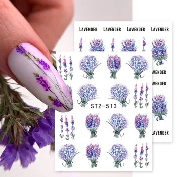 Lavanta Tırnak Su Çıkartmaları Bahar Serisi Mor Çiçekler Yaprak Transferi Folyo Kaymak Çiçek Tasarım Manikür Sticker Malzemeleri JISTZ