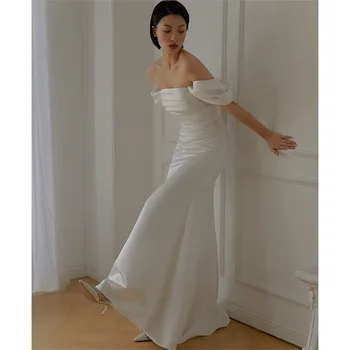 Kadın Beyaz Saten düğün elbisesi Robe De Soiree Basit Gelin Kapalı Omuz Parti balo elbisesi