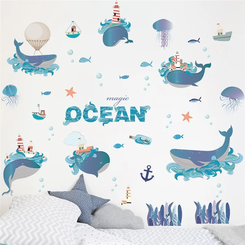 Karikatür Balina Sealifes Kabarcık duvar çıkartmaları Çocuklar İçin Yatak Odası Banyo Dekorasyon Okyanus Duvar Sanatı Diy Ev Çıkartmaları Pvc Posterler