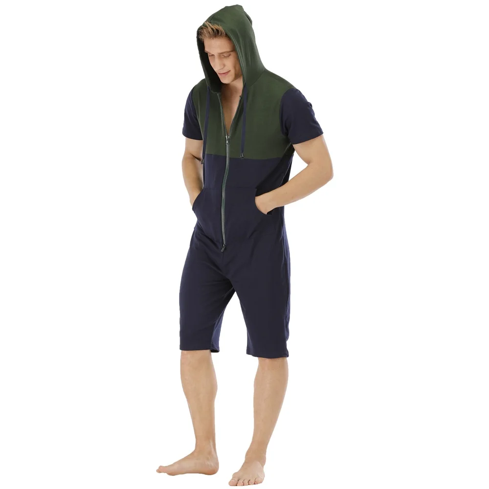 Erkek Yaz Onesies Kısa Kollu Kapşonlu Tulum yetişkin pijamaları Erkek Gecelik Fermuar Takım Elbise Bahar Giyim
