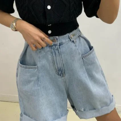 Kadın Şort Kot 2023 Yeni Yüksek Belli Kore Moda Geniş Bacak Kot Şort Streetwear Cepler Rahat Şort Kot