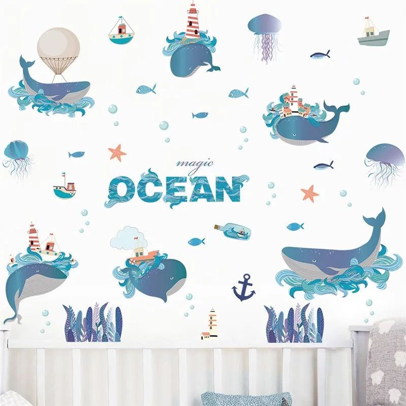 Karikatür Balina Sealifes Kabarcık duvar çıkartmaları Çocuklar İçin Yatak Odası Banyo Dekorasyon Okyanus Duvar Sanatı Diy Ev Çıkartmaları Pvc Posterler