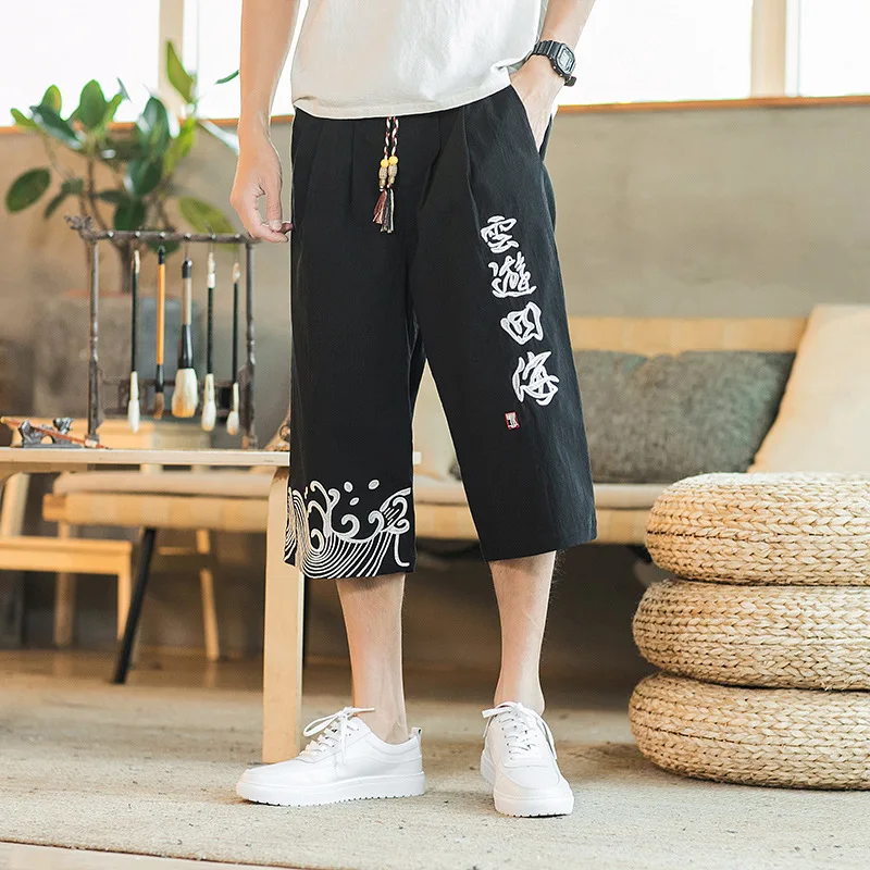 Çin Tarzı İşlemeli Kordon Kapriler erkek Büyük Gevşek Yaz Pamuk ve Kenevir Pantolon erkek Giyim M-5XL