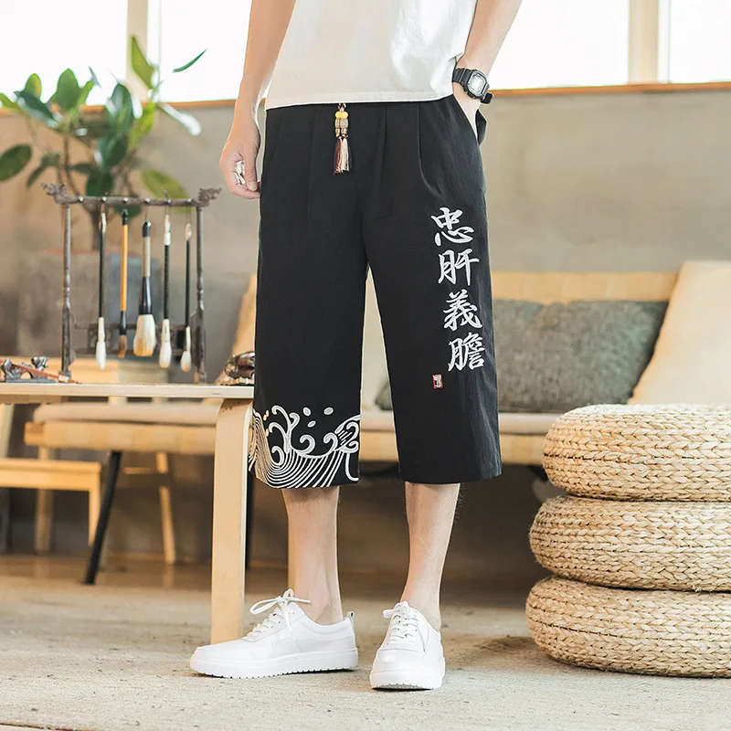 Çin Tarzı İşlemeli Kordon Kapriler erkek Büyük Gevşek Yaz Pamuk ve Kenevir Pantolon erkek Giyim M-5XL
