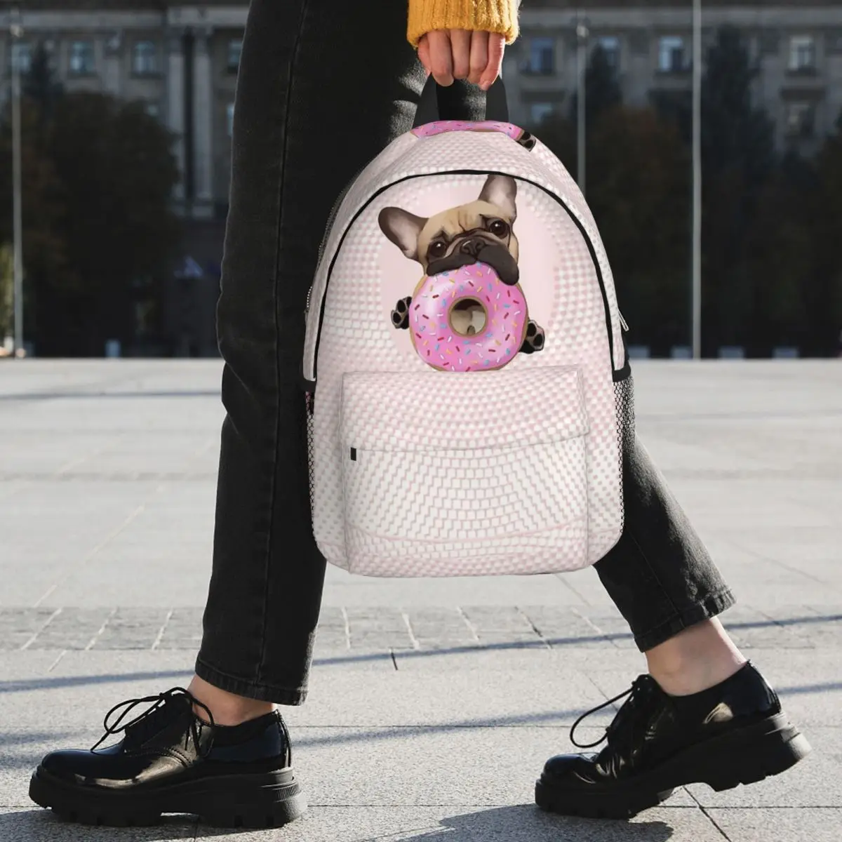 Fransız Bulldog Severler, Tatlı Fransız Pembe Donuts Sırt Çantaları Erkek Kız Sırt Çantası Okul Çantaları Laptop Sırt Çantası omuzdan askili çanta