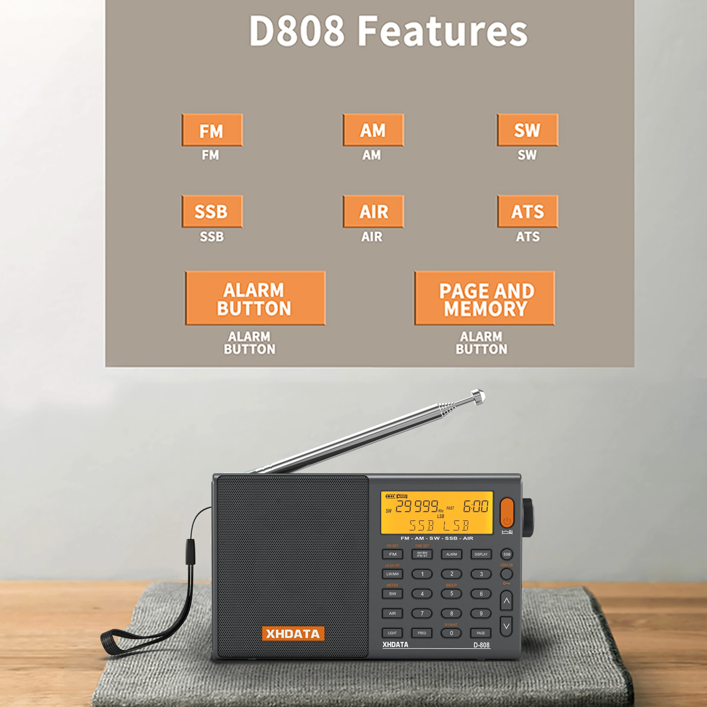 XHDATA D-808 Taşınabilir Radyo AM FM Kısa Dalga SSB Dünya HAVA Bandı SSB Alıcısı