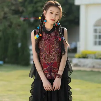2023 çin standı yaka kolsuz yelek dantel patchwork çiçek nakış kadın ulusal yelek geleneksel oryantal etnik ceket