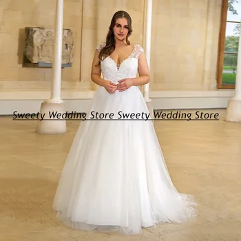 Özelleştirilmiş Korse düğün elbisesi Artı Boyutu Kap Kollu Derin V Boyun Pullu Aplike Sweep Tren Bir Çizgi Tül Yaz gelin kıyafeti