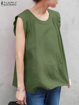 2023 ZANZEA Moda Yaz Zarif Katı Tanklar Gevşek İş Parti Gömlek Kolsuz Bluz Kadınlar Casual Tatil Blusas Chemise
