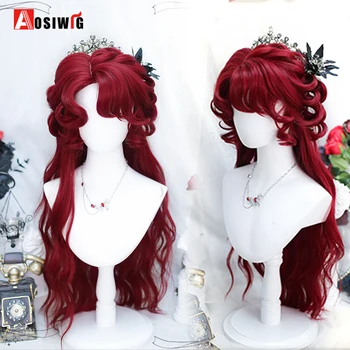 AOSI Sentetik Uzun Kıvırcık kahküllü peruk Açık Kırmızı Sevimli Lolita Peruk Kadın Peruk Cadılar Bayramı Cosplay Peruk Kadınlar İçin
