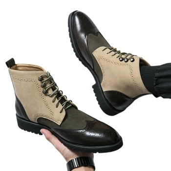 Yeni Erkek Kısa çizmeler Kahverengi Blok Dantel-up Yuvarlak Ayak Akın İş Vintage Çizmeler El Yapımı Boyutu 38-46