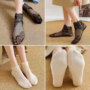 1 Çift İpek Çorap Kadın Nakış Ekip Pamuk Renkli Serin Esneklik Çorap Kadın Net İnce İnce İplik Kadın Çorap Cilt Ayak Bileği I8O5