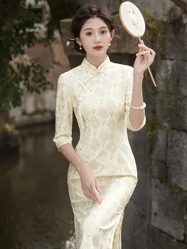 Dantel Ince Uzun Tarzı Qipao Kadın Vintage Mandarin Yaka Cheongsam Geleneksel Yedi Puan Kollu Genç Kız çin elbisesi