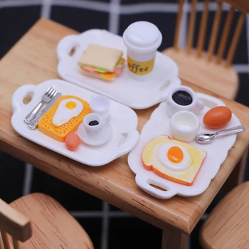 1 Takım 1:12 Evcilik Minyatür tost ekmeği Kahve Yumurta Çatal Kaşık Yemek Tabağı Mutfak Kahvaltı Modeli Dekor Oyuncak