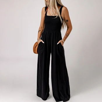 Kadınlar Casual Tulumlar 2023 Yaz Vintage Pamuk Keten Sapanlar Geniş Bacak Pantolon Moda Spagetti Kayışı Katı işçi tulumu Kıyafet