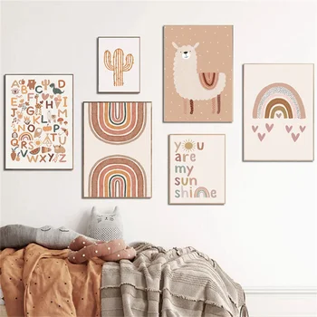 Kreş Duvar Sanatı Posterler ve Baskı Güneş Gökkuşağı Tuval Boyama Kaktüs Alpaka Posteri Nordic Resimleri Bebek Odası yatak odası dekoru