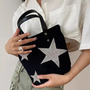 Xıuya Y2k Vintage omuzdan askili çanta Elmas Çivili Yıldız Desen Siyah kanvas çanta Amerikan Sokak Stili Moda Crossbody Çanta
