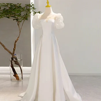 Gelin Beyaz Saten düğün elbisesi Prenses Basit Puf Kollu Örgün Parti Elbise Vestido De Noiva