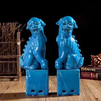 Çin Jingdezhen Porselen Mavi Nimet Köpek Koruma Aslan Seramik Heykeli 12.6