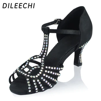 DILEECHI Siyah Saten kadın Latin dans ayakkabıları kadın yumuşak taban kare dans ayakkabıları Balo Salonu dans ayakkabıları 5cm 6cm