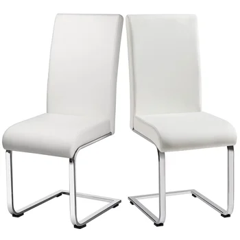 Modern Yemek Sandalyeleri Döşemeli Yüksek Sırtlı Yemek Sandalyeleri Metal Ayaklı PU Deri Mutfak Sandalyeleri, Beyaz