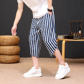 Yeni 2023 Yaz erkek Gevşek Buz İpek Kapriler Pantolon Baskılı Dış Giyim Çizgili Şort Artı Boyutu M-5XL Kırpılmış Pantolon Hip Hop Joggers
