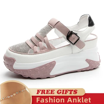 Rhinestones Deco Hakiki Deri Rahat İçi Boş Sandalet Nefes Ayakkabı Tıknaz Ayakkabı İlkbahar Yaz Platformu Kama Kadın Ayakkabı