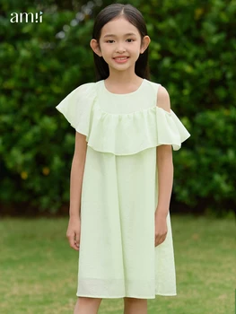 Amii Çocuklar 2023 Yaz Yeni Parti Elbise Kız Elbise Çocuklar için Kapalı Omuz Ruffles Bir Çizgi Uzun Performans Giyim 22342044