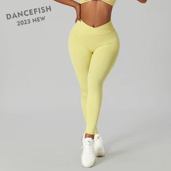DANCEFİSH 2023 Yeni Kadın Uzun Sıkı Pantolon Şık Çapraz Bel Karın Kontrol İnce Giyim Açık Koşu Fitness yoga taytı