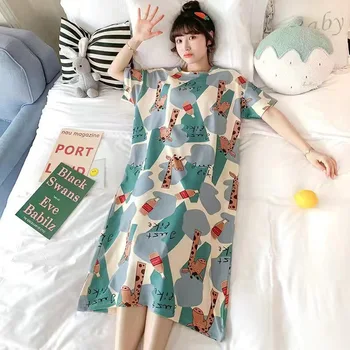 Yeni Nightgowns Kadınlar Baskılı Şık Popüler Gevşek Karikatür Kawaii Kore Tarzı Şık Eğlence Kıyafeti Bayan Tatlı Sleepshirts