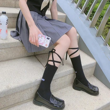 Seksi Çapraz Uzun Halat Bantlama İlmek Lolita Çorap Nefes Pamuk Cosplay Prenses Çorap Kadın Siyah Beyaz Rahat Çorap Kadın