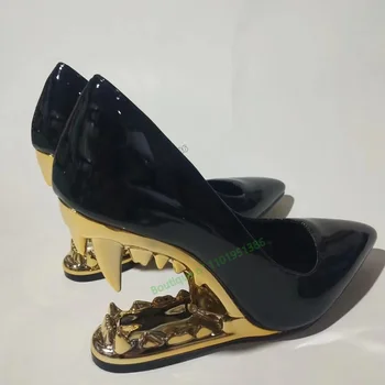 Siyah Garip Tarzı Topuk Pompaları Sığ Yüksek Topuk Sivri Burun Ayakkabı Kadınlar için Metalik Topuklu ayakkabı 2023 Yeni Zapatos Para Muj