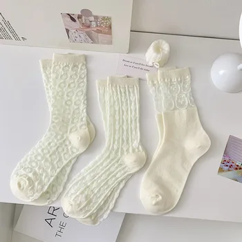 3 Adet Moda Yeni Yaz İnce Şeffaf beyaz çoraplar Kadınlar için Sevimli Karikatür Nokta Tatlı Japon Lolita JK Çorap İpek Çorap