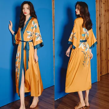 2023 Yeni Bahar Çiçek İpek Bornoz Pijama Kadın Saten Seksi Elbise Gelin Kimono Kıyafeti Parti Yaz gecelik Pijama 22 Stilleri
