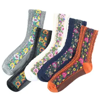 1 Pairs Vintage Etnik Çiçek Pamuk Çorap Bahar Kadınlar Renkli Çiçek Rahat Bayan Calcetines Harajuku Kızlar Güz