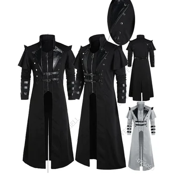 Artı boyutu 5XL erkek Ortaçağ Steampunk Katil Cadılar Bayramı Asya Cosplay Kostüm Siyah Vintage Uzun Bölünmüş Ceket Gotik Zırh
