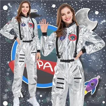Festivali Yetişkin İmitasyon Gümüş Artı Boyutu kadın Parti Elbise Astronot Kostüm Beyaz Rol Yapma