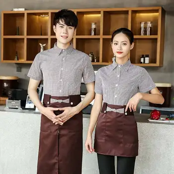Cafe Shop İş Elbisesi Yaz Otel Restoran Garson Üniformaları Kısa Kollu Fast Food Gömlek + Önlük Yemek Servisi İş Elbisesi