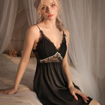 Gece Uyku Elbise Kadın İç Çamaşırı İç Çamaşırı Sling Dantel Nakış V Yaka Seksi Gecelik İpek Gecelik Çapraz Kayış boyundan bağlamalı elbise